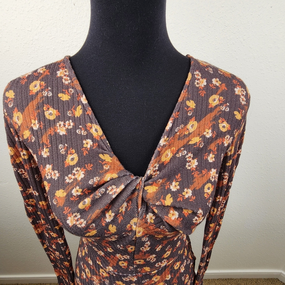 Retro 70's Brown Orange Floral Long Sleeve Prairie Midi Dress Women's Size 2, XS - Picture 3 of 8